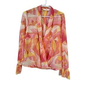 Mango MNG Pink Orange Geometric Psychedelic Sheer Wrap Blouse Ruffle Cuff Size 6